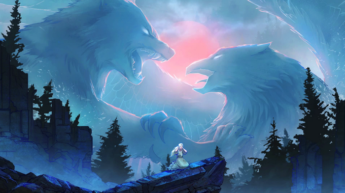 Two giant mythical beasts, a wolf and a griffon, confront each other.
