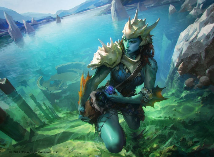 Merfolk warrior holding a blue gem underwater