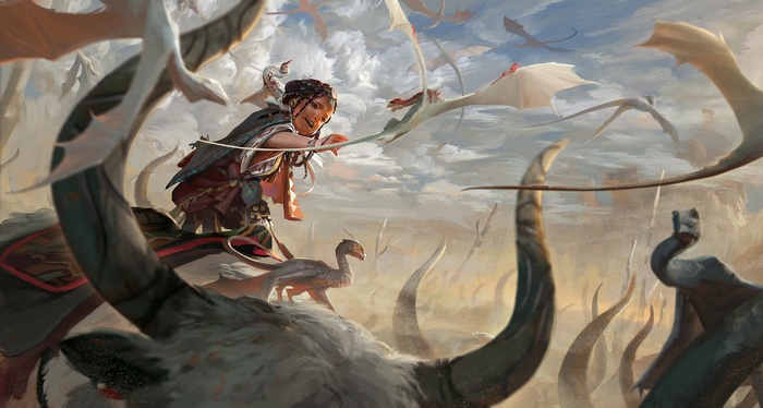 Girl riding a beast with dragons flying around
