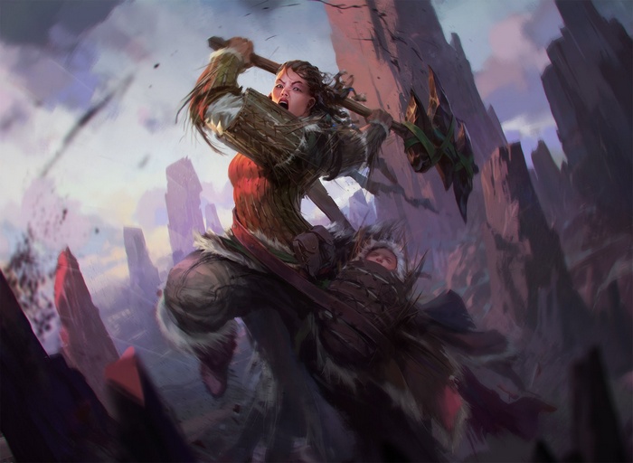 Warrior with Hammer and Baby in Fantasy Landscape
