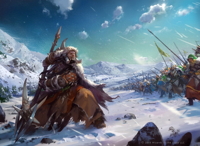 Fantasy warrior on a beast facing an army in snow