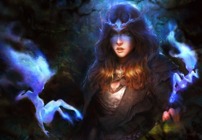 Fantasy art of a woman with blue magical energy
