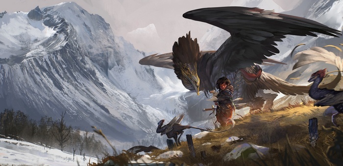 Fantasy art of a girl and griffins in mountains