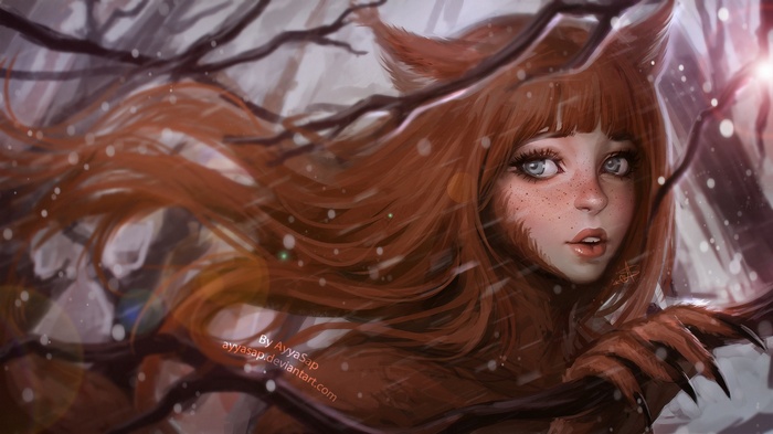 Fantasy art of a fox-like girl in winter