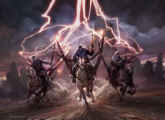 Three warriors on horseback under lightning