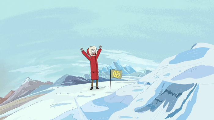 Rick Sanchez on a snowy mountain with a flag