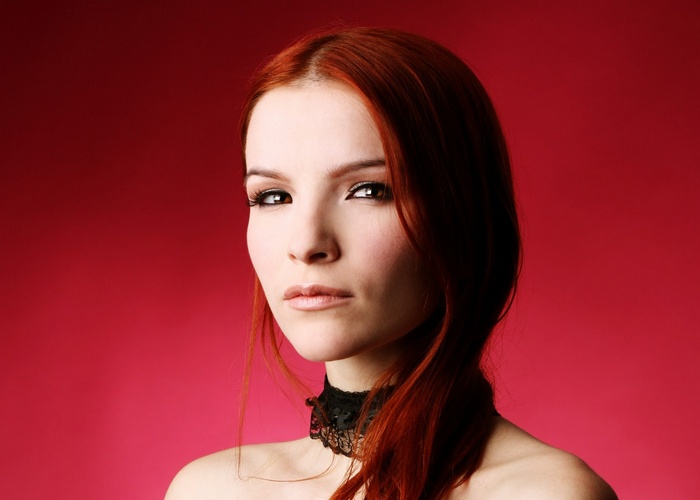 face, red, model, women, redhead, simple background, red background, Ulya Lexivia