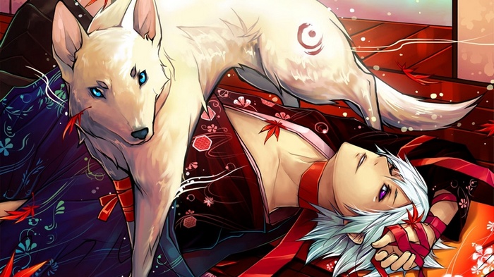 Anime man with white hair and a white wolf