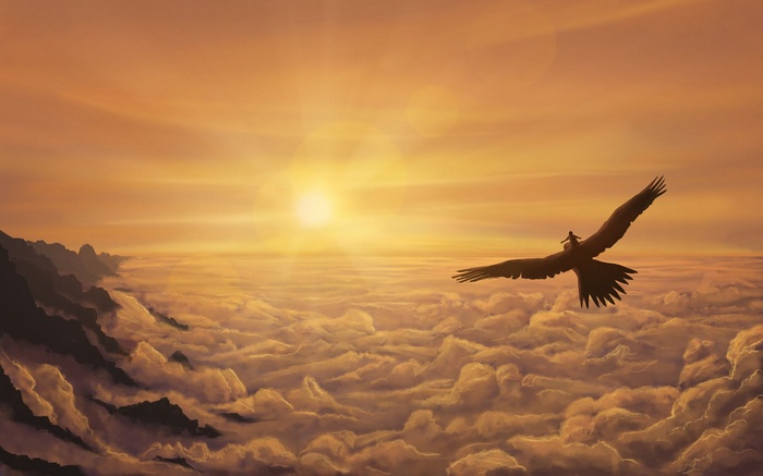 A person rides a giant bird over clouds at sunset