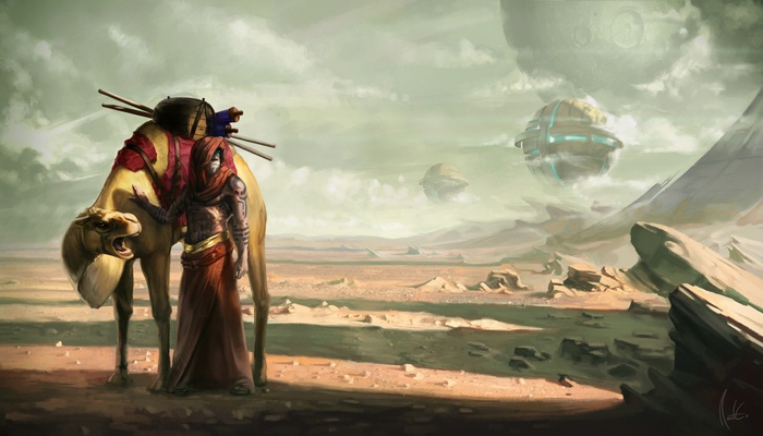Futuristic warrior with camel in a desert landscape