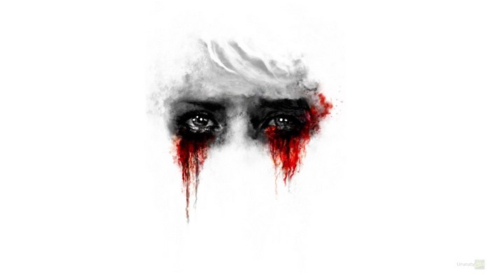 Close-up of eyes with red blood tears