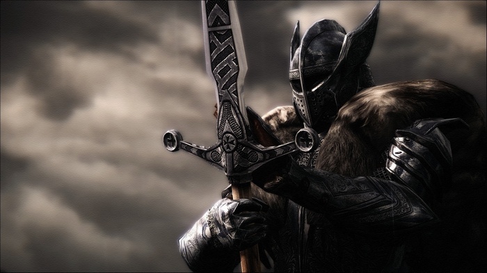 Skyrim Warrior in Armor Holding a Sword