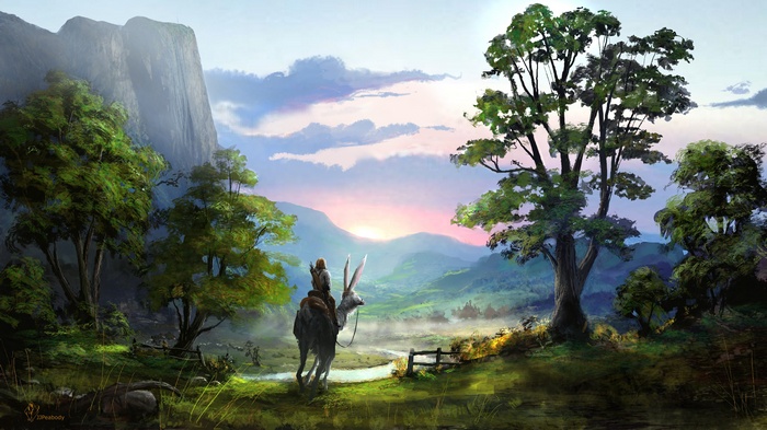Fantasy art of a person riding a creature through a landscape