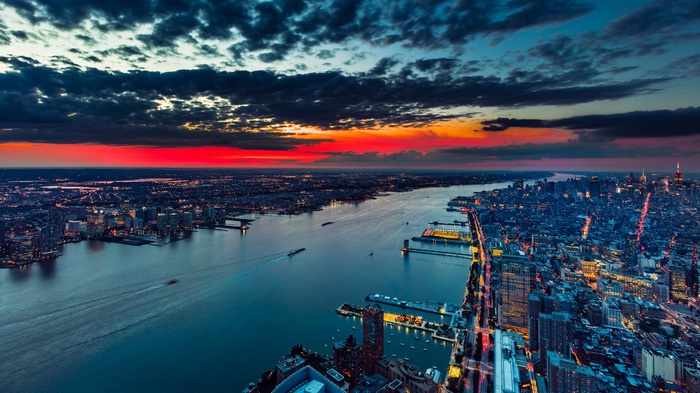 New York City skyline at sunset over the Hudson River