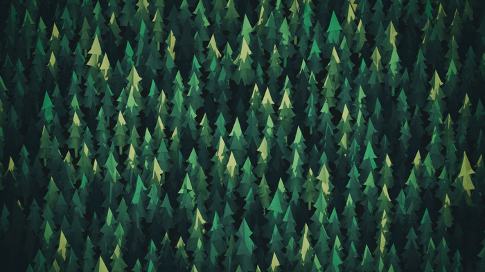 A dense forest of stylized green pine trees.