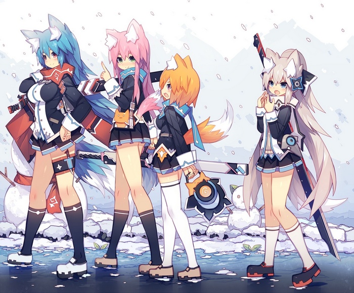 Four anime girls with animal ears in winter