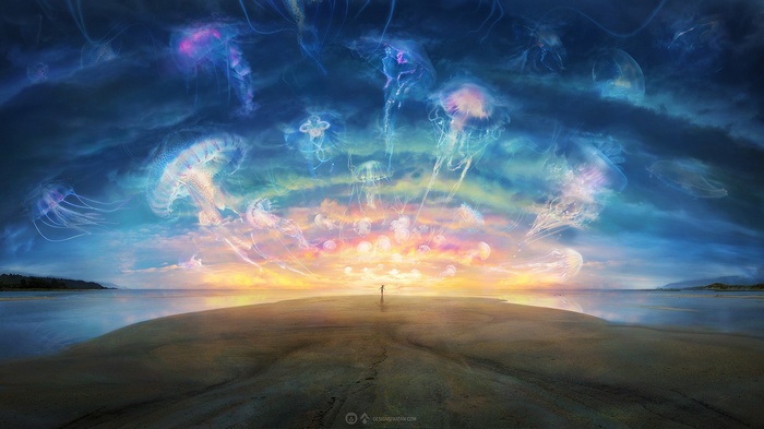 Fantasy art of jellyfish in the sky over a beach