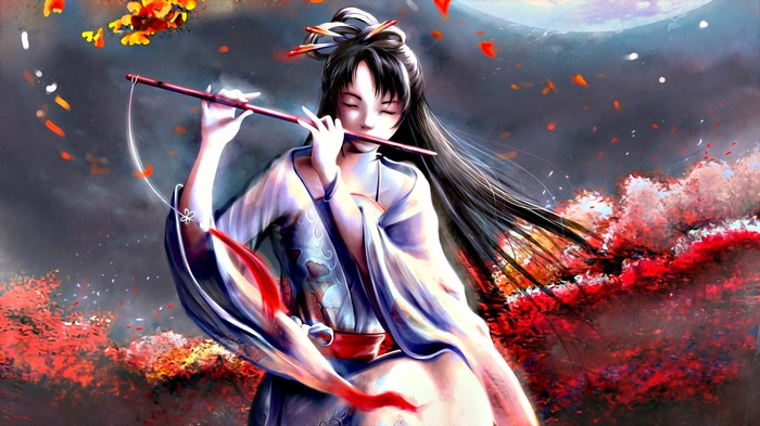 Woman playing a flute in a fantasy setting