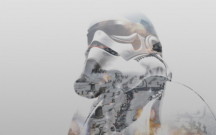 Stormtrooper helmet with Star Wars battle scene overlay