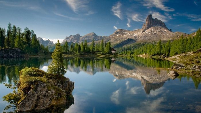 Lake reflection of mountains and trees