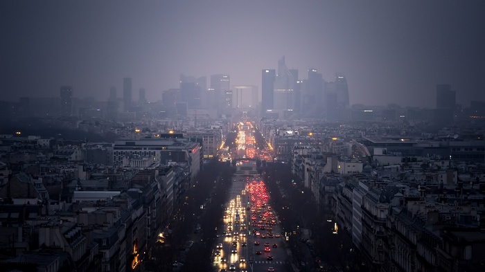 lights, city, mist, street, Paris, sky, car, cityscape, La Defense Paris , building, road, La Défense