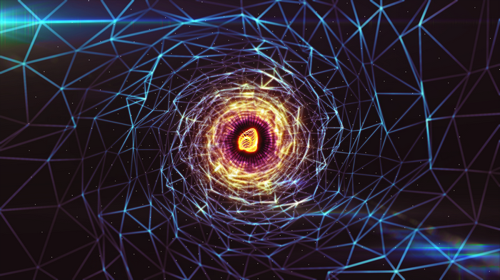 Abstract digital art wireframe tunnel with glowing center
