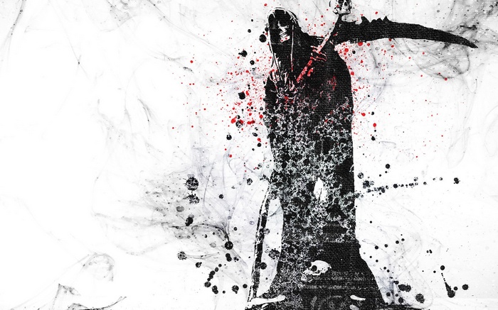 spooky, smoke, selective coloring, death, paint splatter, digital art, Gothic, white background, artwork, skull, hoods, dots, Grim Reaper, scythe
