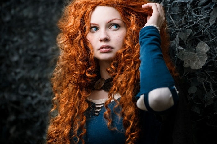 Merida from Brave Cosplay with Curly Red Hair and Blue Eyes