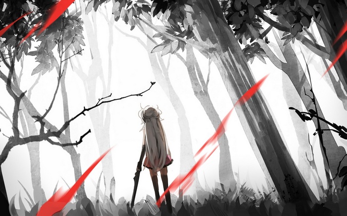 Girl with sword in a black and white forest with red streaks