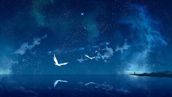 Seagulls flying over the sea under a starry sky with a lighthouse