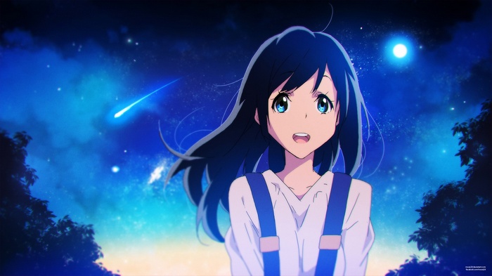 Anime girl with blue eyes and black hair under the night sky
