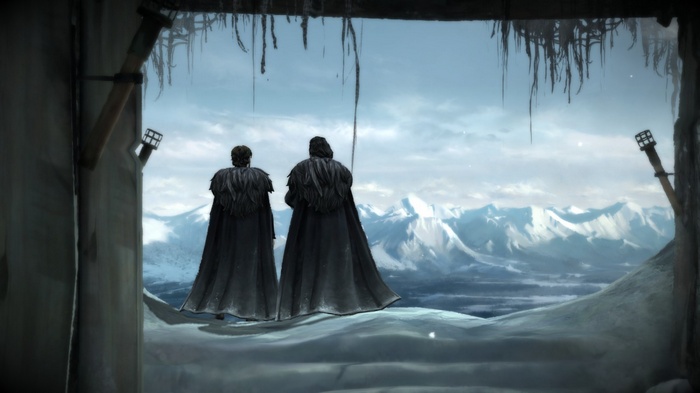 Game of Thrones: Two figures in cloaks look at snowy mountains