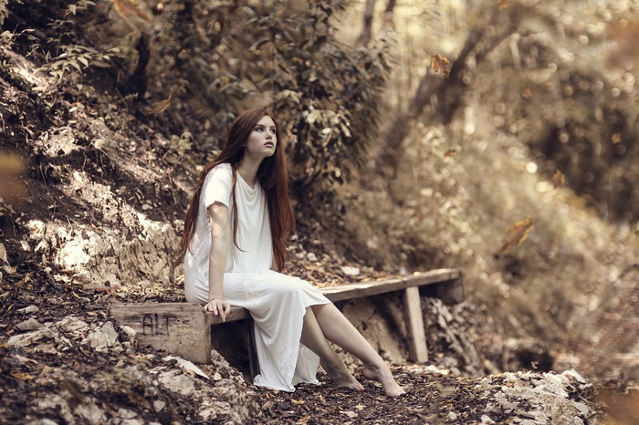 barefoot, redhead, juicy lips, Valentina Galassi, women, model, Alessandro Di Cicco, women outdoors, white clothing, long hair