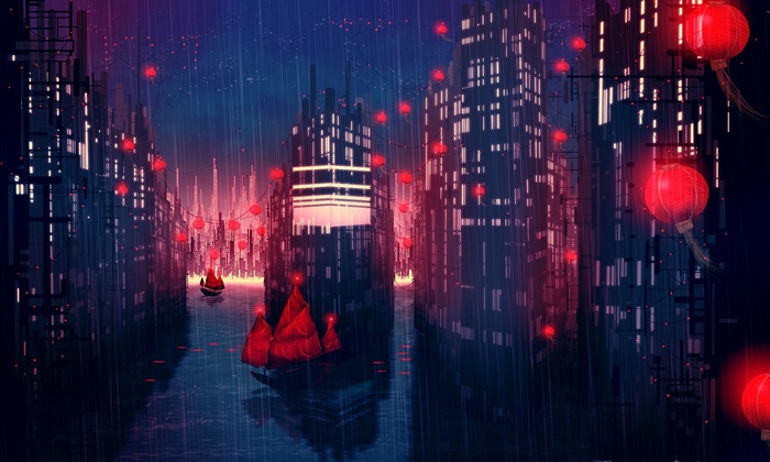 Rainy night in a futuristic city with red lanterns