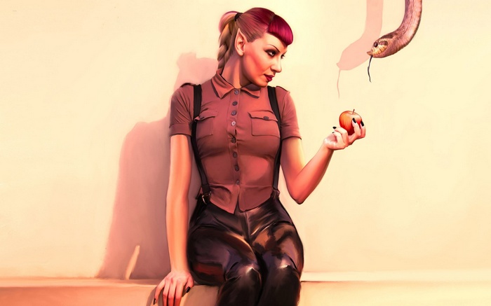 Fantasy art of an elf with an apple and a snake