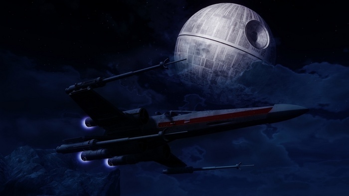 X-wing fighter flies past the Death Star