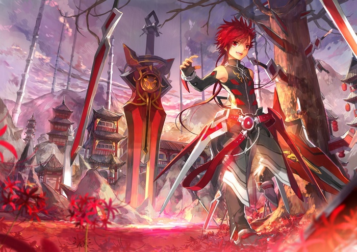 Elsword with red hair and swords in a Japanese-inspired landscape