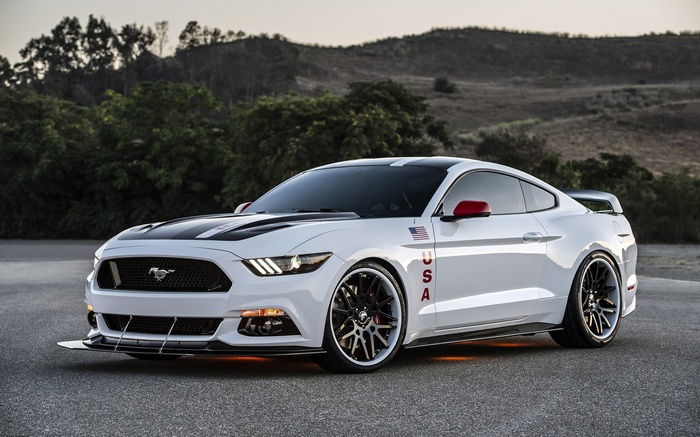 White Ford Mustang GT Apollo Edition with USA decals