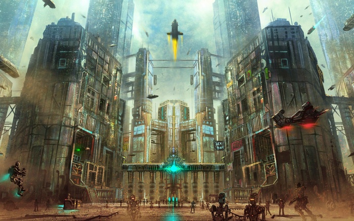 Futuristic cyberpunk city with robots and flying vehicles