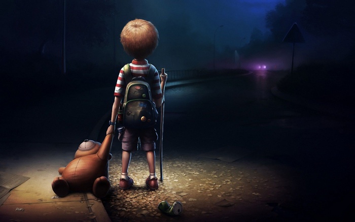 Child with backpack and teddy bear on a dark road