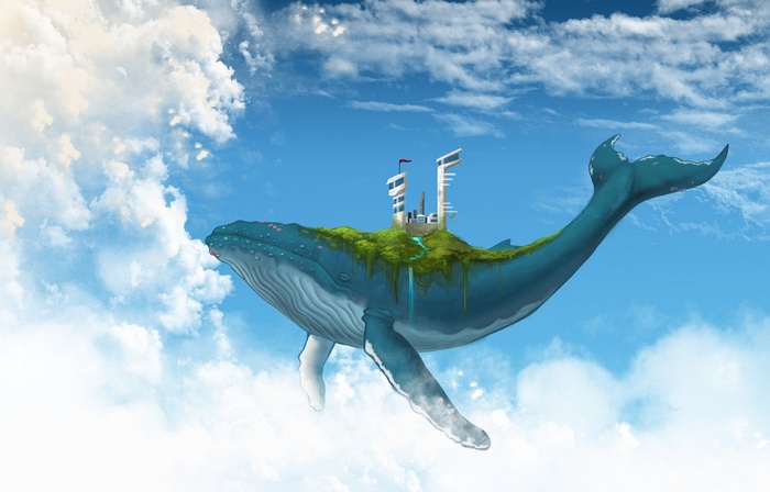 A whale with a floating island and futuristic buildings in the sky