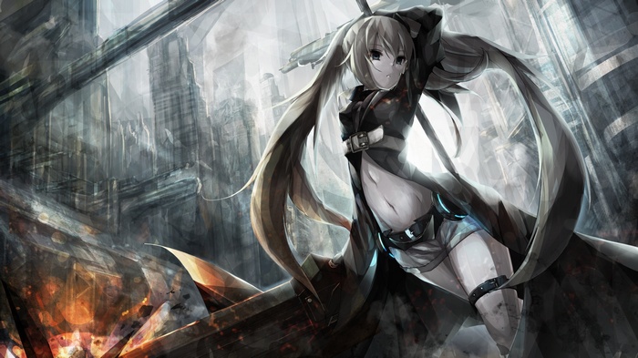Anime girl with twintails and sword in destroyed city