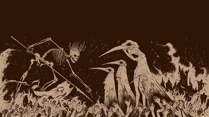 Skeleton King and Plague Doctors in Apocalyptic Scene