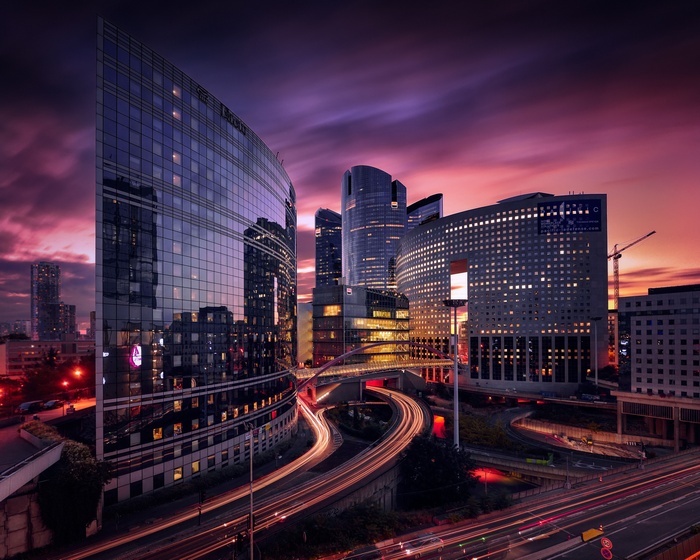modern, sunset, Europe, overpass, sky, long exposure, glass, building, architecture, Paris, France, road, urban, lights, highway