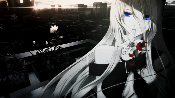 Lily from Vocaloid holding a bloody flower