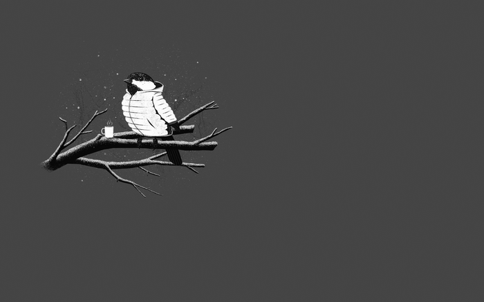 Bird in a puffer jacket with coffee on a branch