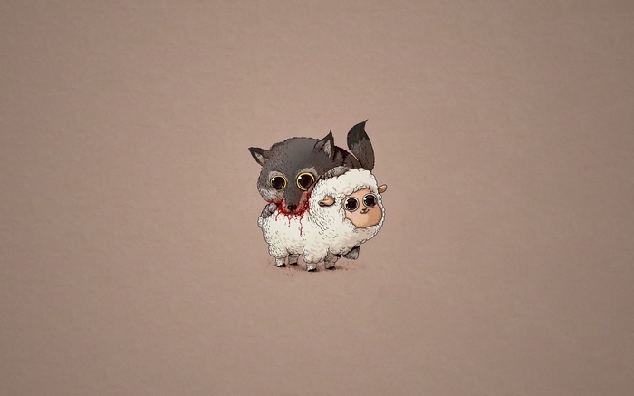 A cartoon wolf biting a cartoon sheep with blood