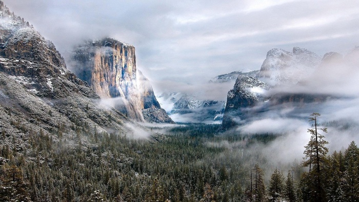 Yosemite National Park in Winter with Snow and Mist
