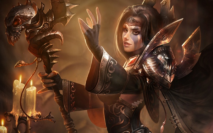 Fantasy sorceress with a skull staff and candles