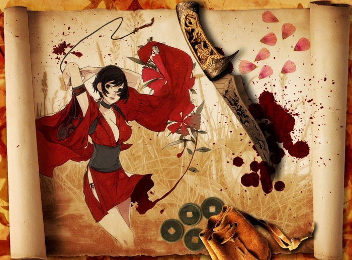 Red Ninja: End of Honor artwork with knife and coins